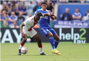 Help2Pay branding pitch-side at the King Power Stadium, Leicester
